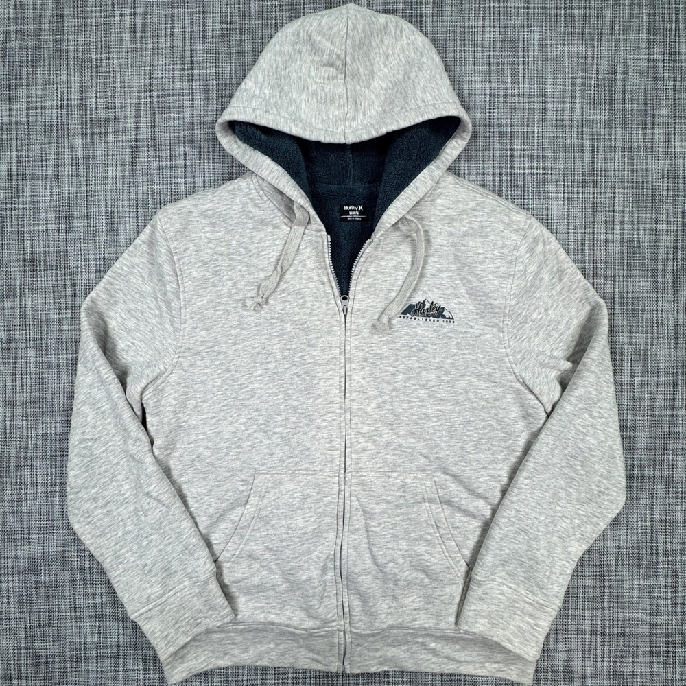 Hurley Full Zip Hoodie Mens Medium Gray Navy Sherpa Lined Cotton Blend Pockets